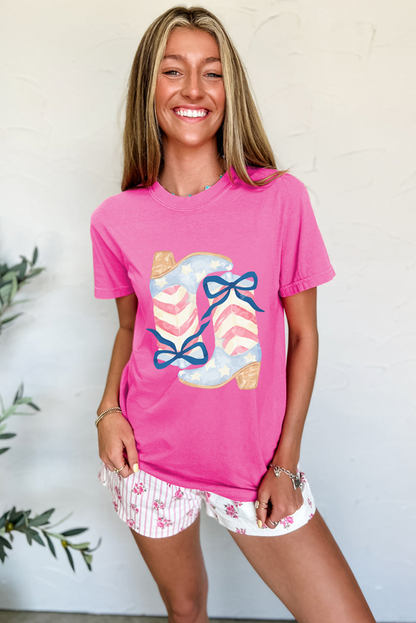 Flag Pattern Boots Bow Accent Casual Graphic Tee Daisie Boutique