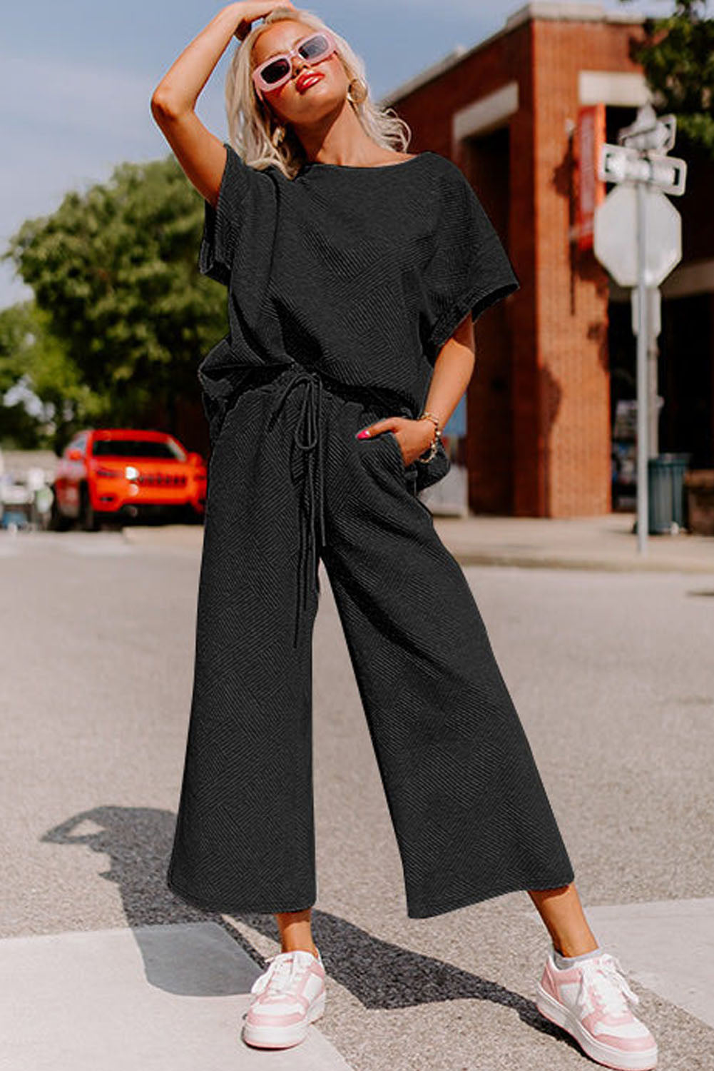 Black Textured Loose Fit T Shirt and Drawstring Pants Set Daisie Boutique