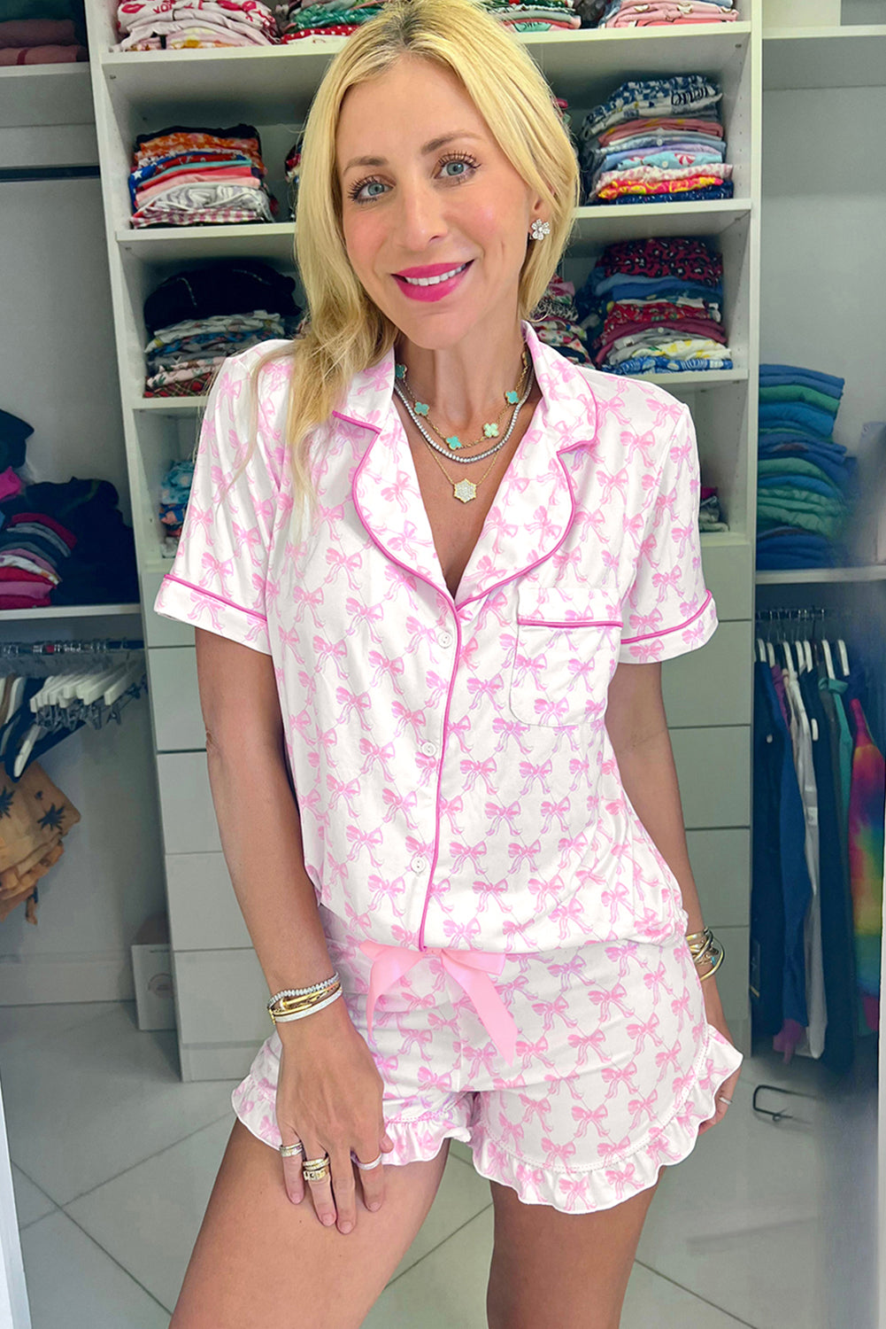 Bowknot Printed Short Sleeve and Ruffled Shorts Pajama Set - Pink