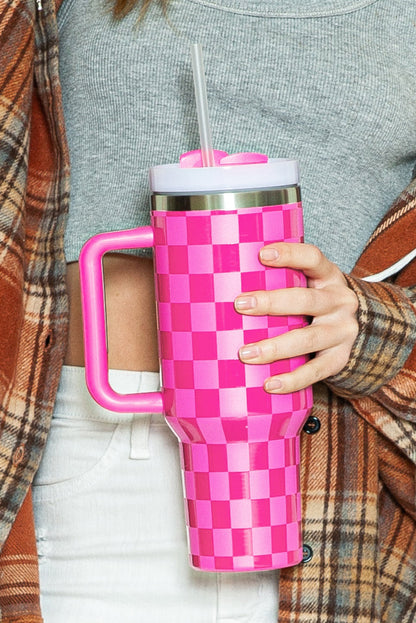 Bright Pink Checkered Print Handled Stainless Steel Tumbler Cup 40oz Dear-Lover Dropshipping