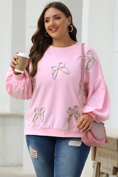 Light Pink Embroidered Bow Lantern Sleeve Oversized Pullover Sweatshirt Daisie Boutique