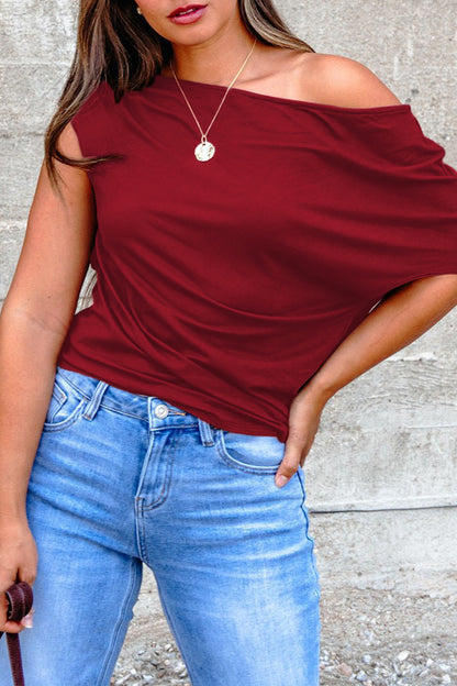 Plus Size Solid Color Asymmetric Neck Short Sleeve Blouse