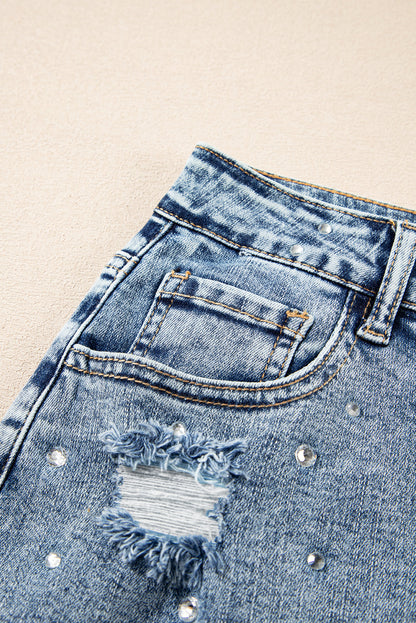 Rhinestone Distressed Denim High Waist Mini Skirt Daisie Boutique