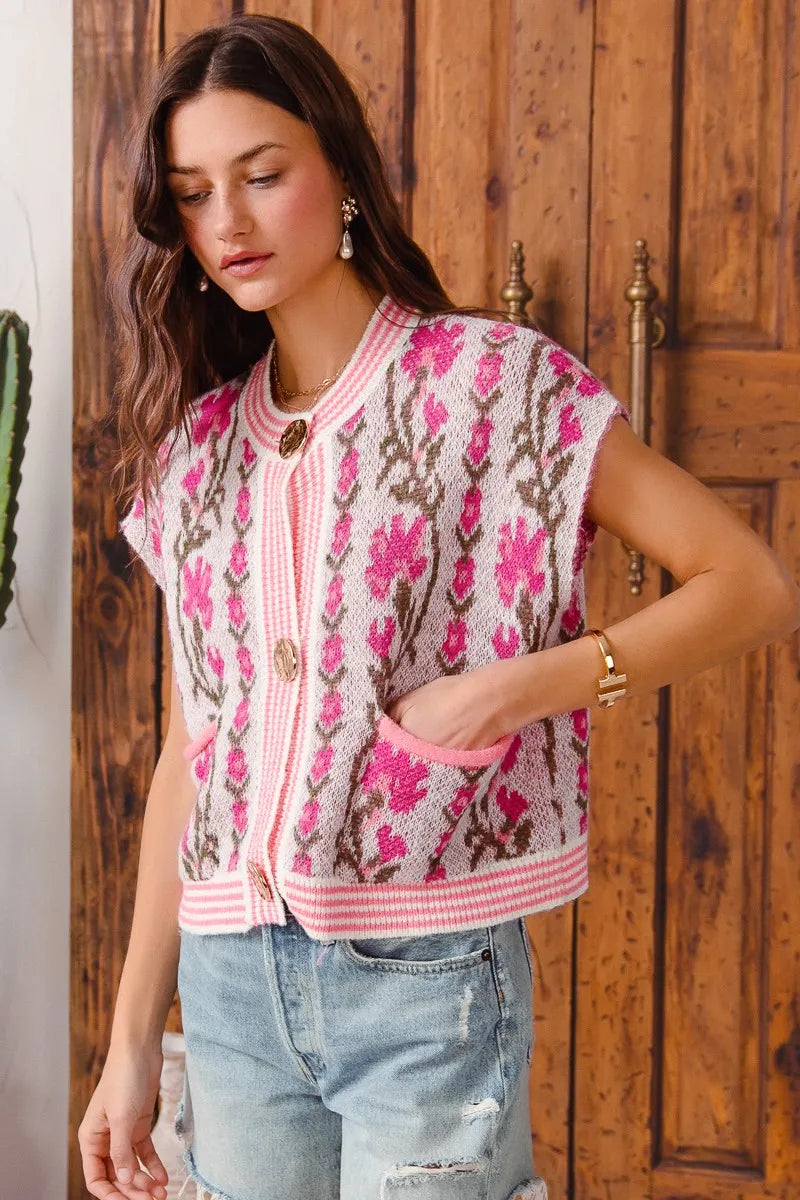 SO ME Button Front Floral and Stripe Knitted Sweater Vest My Pampered Life Seattle