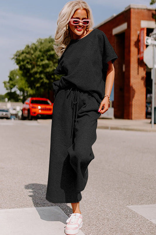 Black Textured Loose Fit T Shirt and Drawstring Pants Set Daisie Boutique