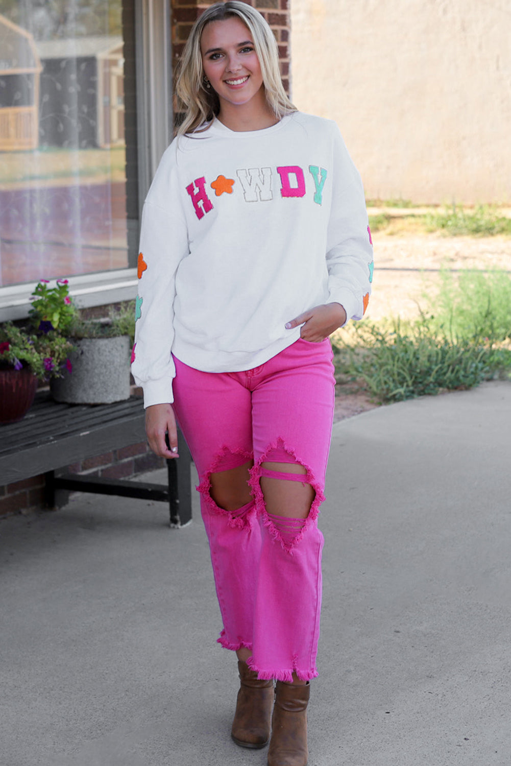Howdy Glitter Chenille Patch Graphic Casual Sweatshirt Daisie Boutique