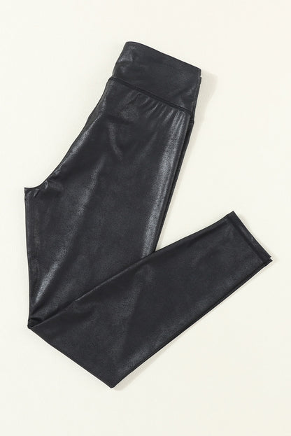 Black Crossed Dip Waist Leather Leggings