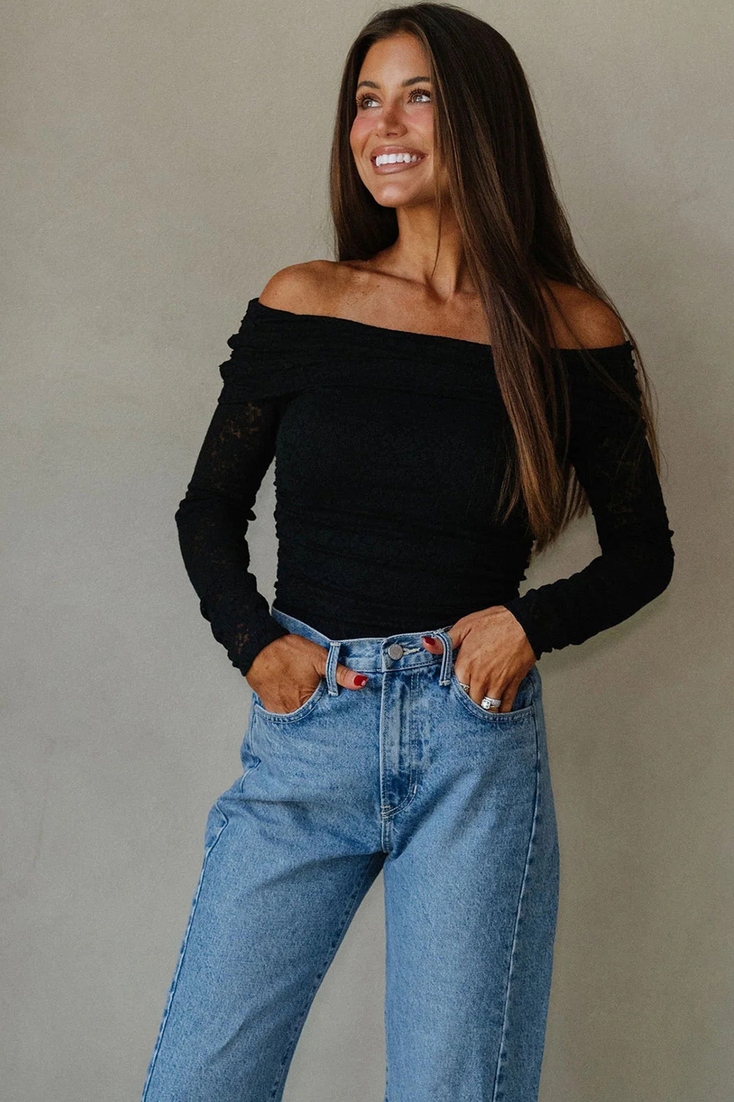 Black Floral Lace Off-shoulder Long Sleeve Slim Top Dear-Lover Dropshipping