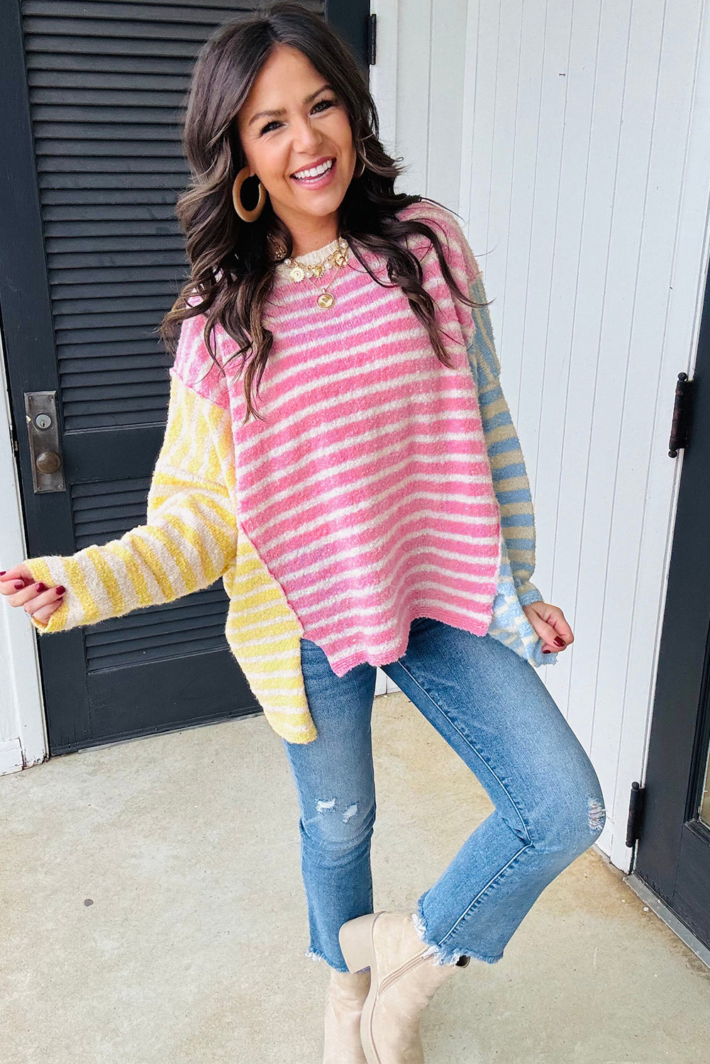 Multicolour Color Block Striped Patchwork Sweater Daisie Boutique