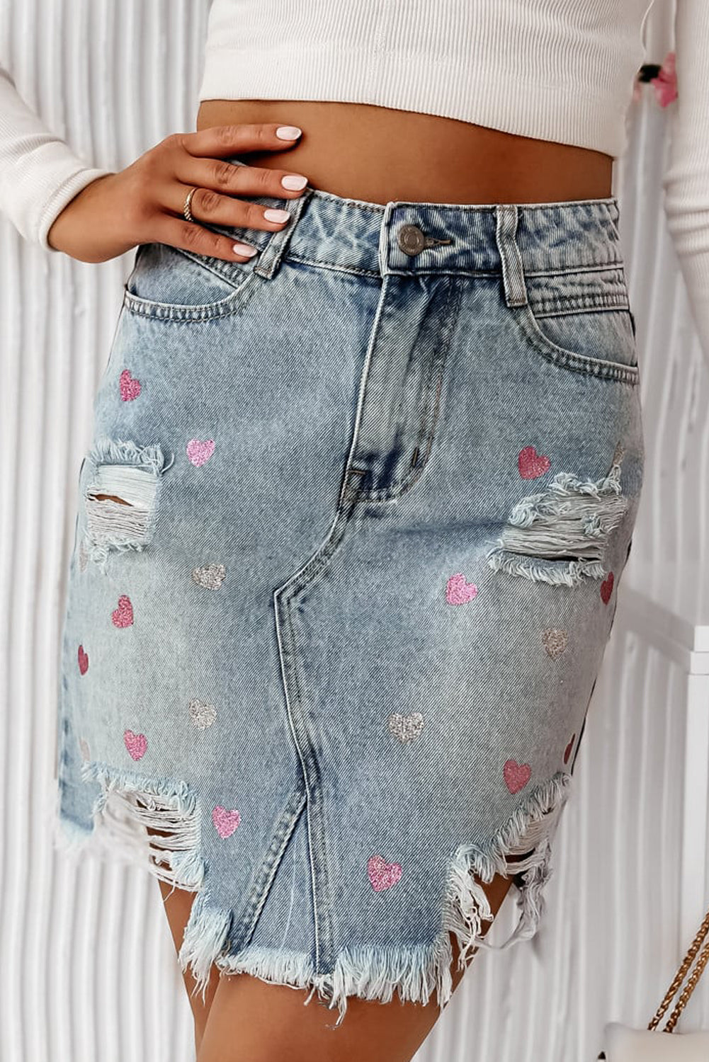 Beau Blue Shimmer Heart Pattern Distressed Denim Mini Skirt Daisie Boutique