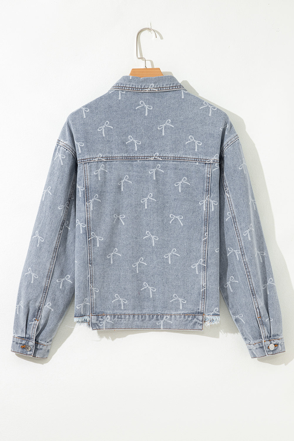 Bow Knot Print Light Wash Raw Hem Denim Jacket Dear-Lover Dropshipping