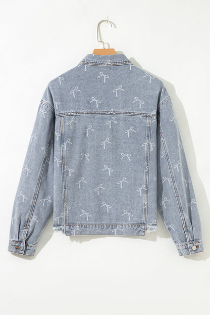 Bow Knot Print Light Wash Raw Hem Denim Jacket Dear-Lover Dropshipping