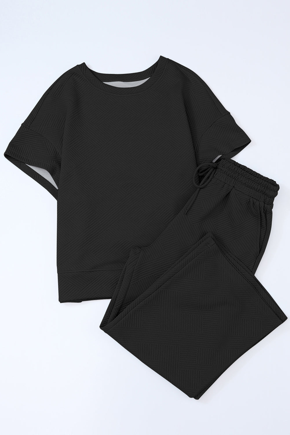 Black Textured Loose Fit T Shirt and Drawstring Pants Set Daisie Boutique