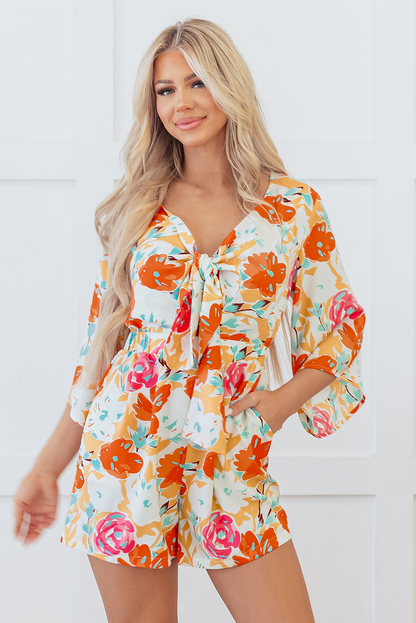 Cutie Floral Print Front Tie Romper - Orange Daisie Boutique