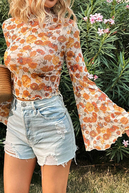 Orange Floral Printed Bell Sleeve Scallop Trim Blouse