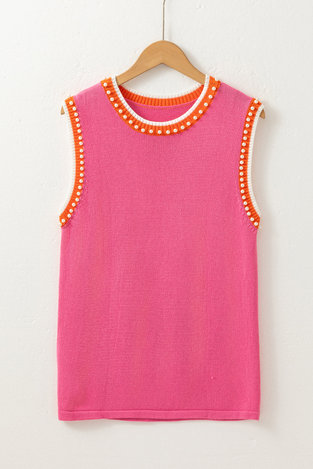 Contrast Trim Pearl Detail Sweater Tank Top - Bright Pink Daisie Boutique