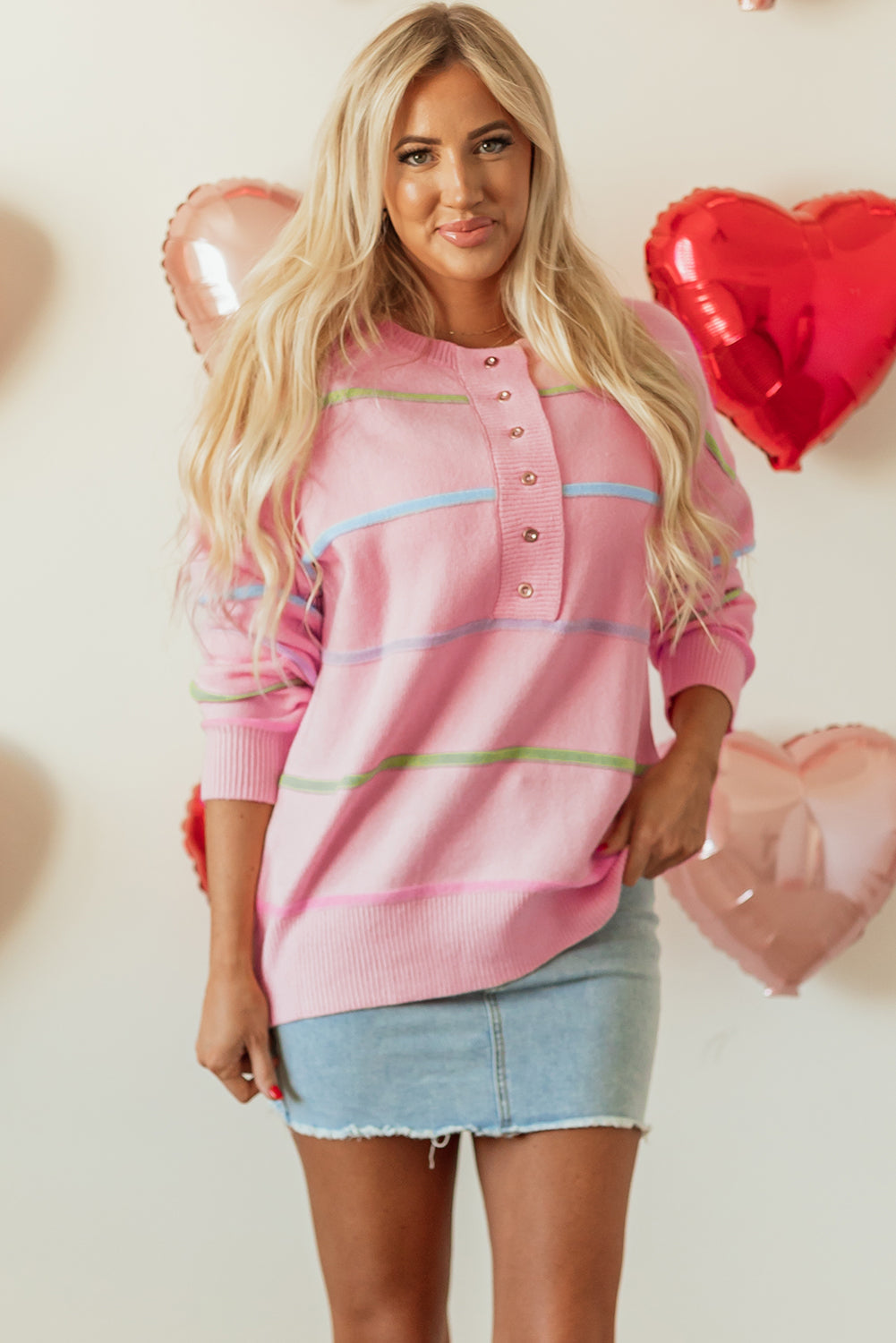 Rainbow Stripes Baggy Henley Sweater Daisie Boutique