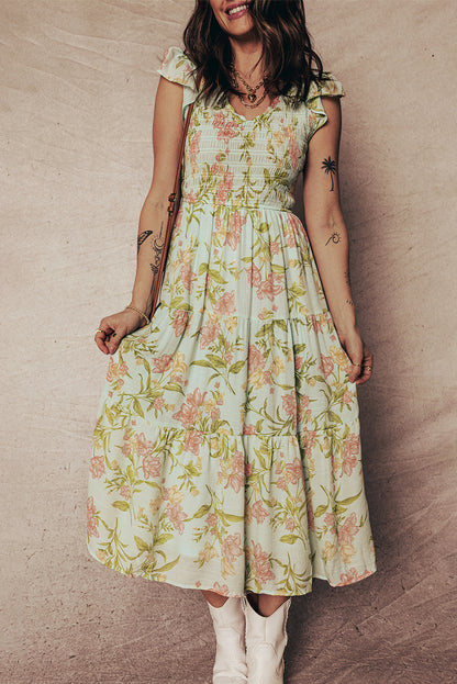 Yellow Ruffled Sleeveless Tiered Floral Maxi Dress