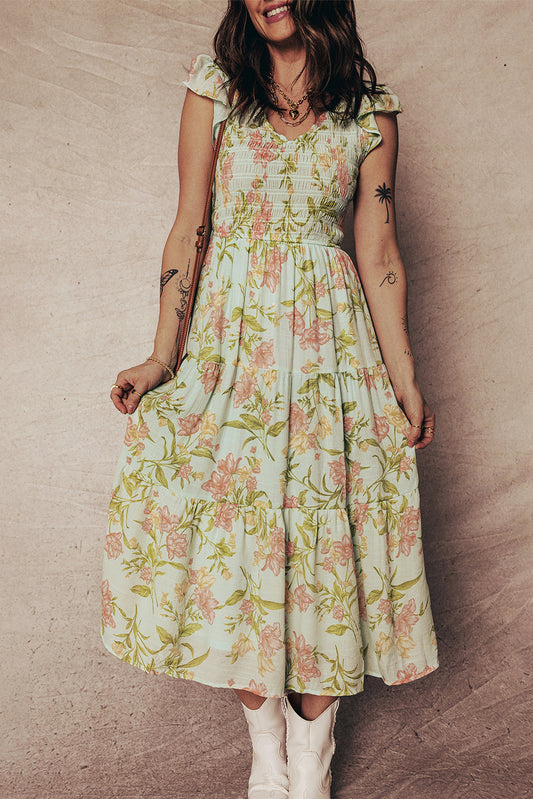 Yellow Ruffled Sleeveless Tiered Floral Maxi Dress