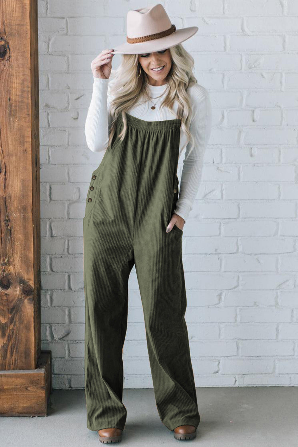 Jungle Green Solid Pocketed Loose Fit Corduroy Overall Daisie Boutique