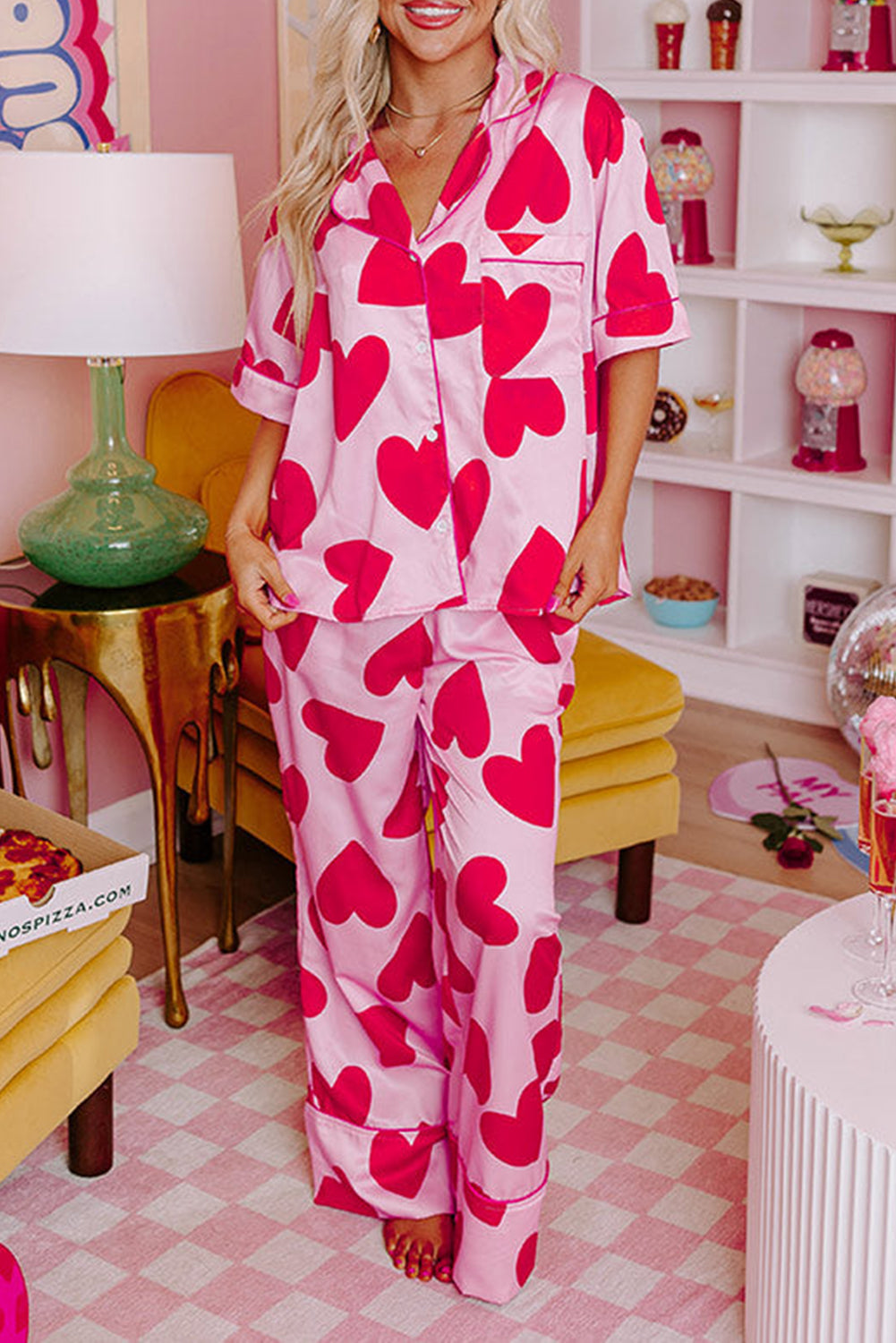 Classic Heart Valentines Short Sleeve Pajamas Set - Pink