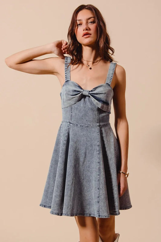 SO ME Mineral Washed Bow Ribbon Denim Flare Dress My Pampered Life Seattle