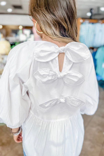 Bow Knot Cutout Back 3/4 Sleeve Blouse - White Daisie Boutique