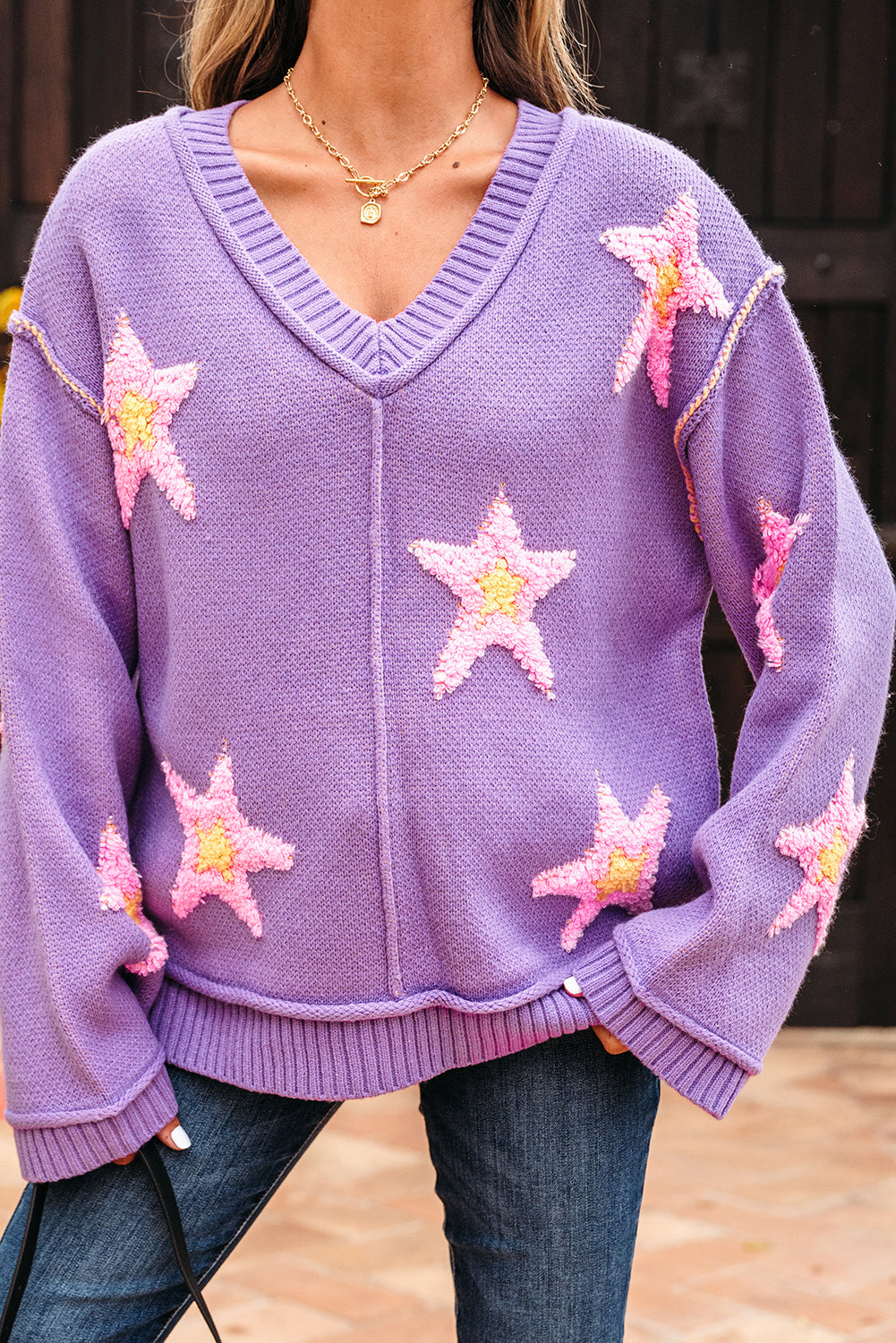 Star V Neck Oversize Sweater - Purple