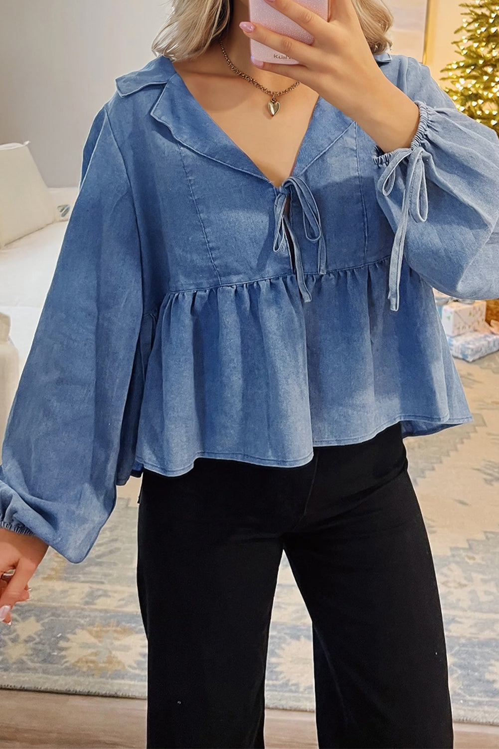 Denim Balloon Sleeve Tied Peplum Top Dear-Lover Dropshipping