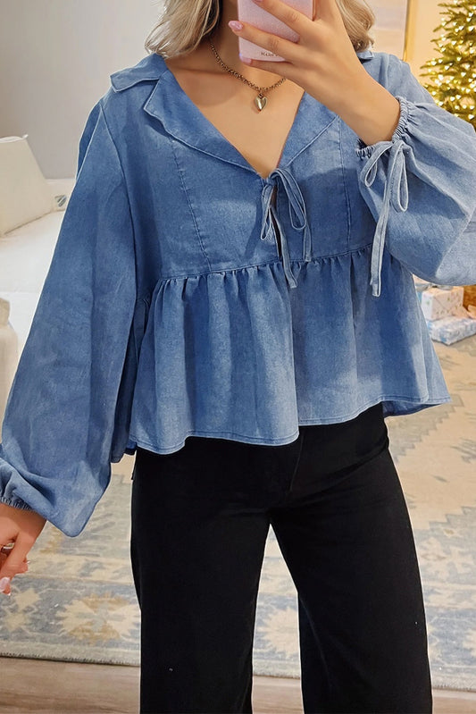 Denim Balloon Sleeve Tied Peplum Top Dear-Lover Dropshipping
