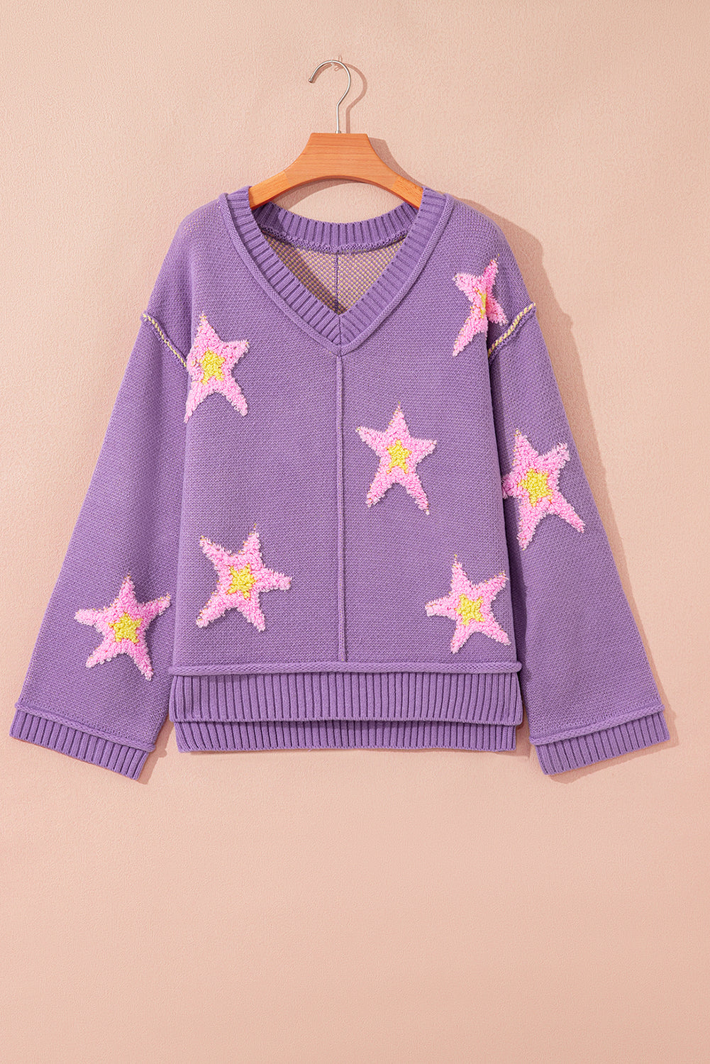 Star V Neck Oversize Sweater - Purple