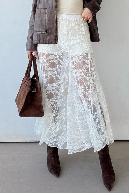 White Sheer Lace Flowy Maxi Skirt