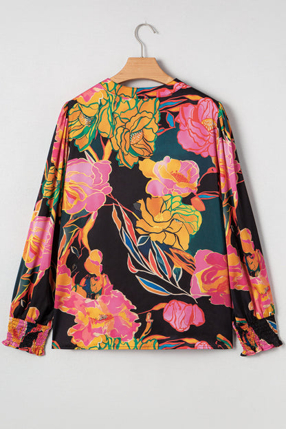 Floral Print Smocked Cuffs Puff Sleeve V Neck Blouse Dear-Lover Dropshipping