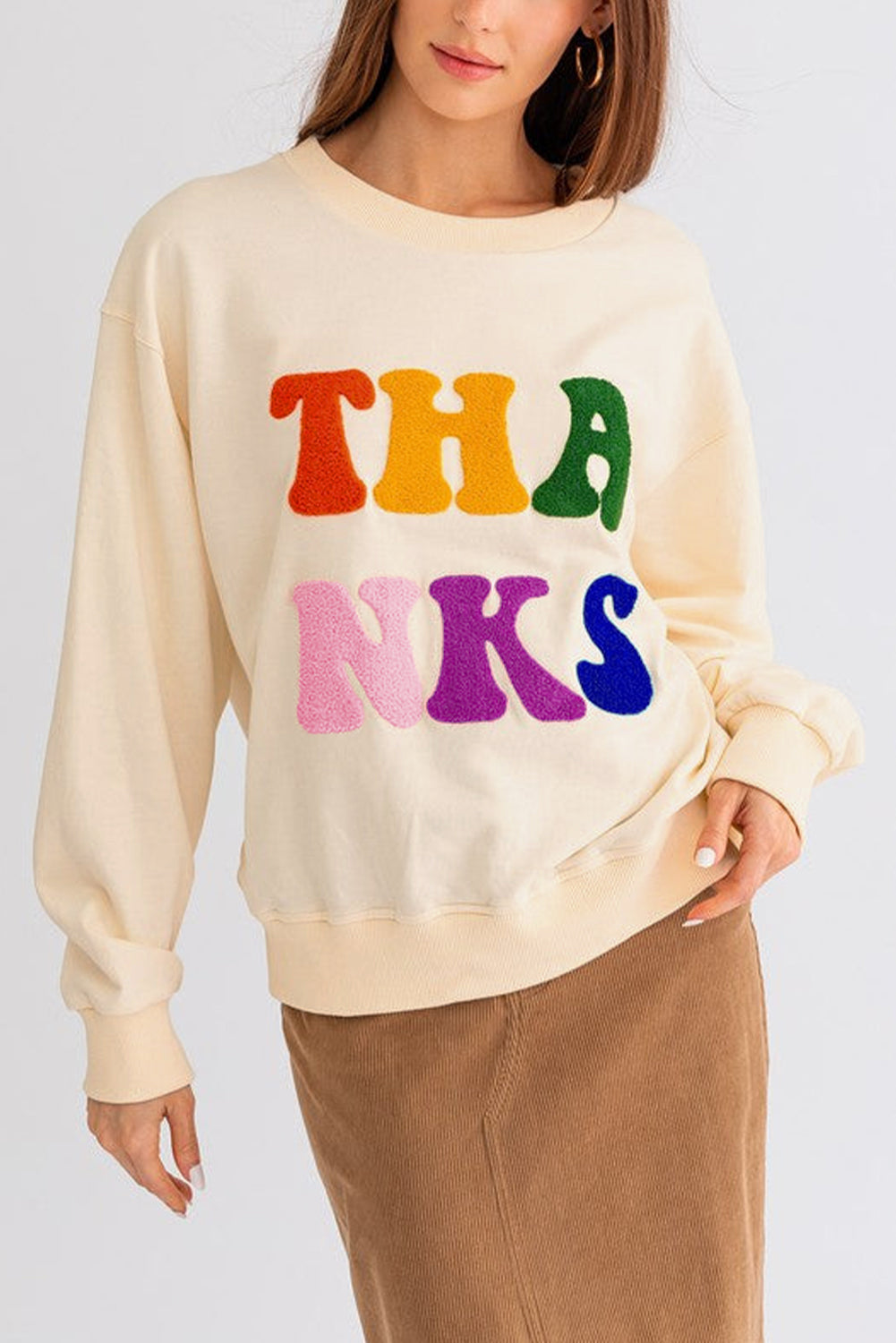 THANKS Chenille Embroidered Graphic Sweatshirt Daisie Boutique