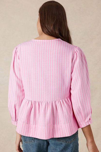 Stripe Bowknot Front Crew Neck Puff Sleeve Blouse - Pink Daisie Boutique