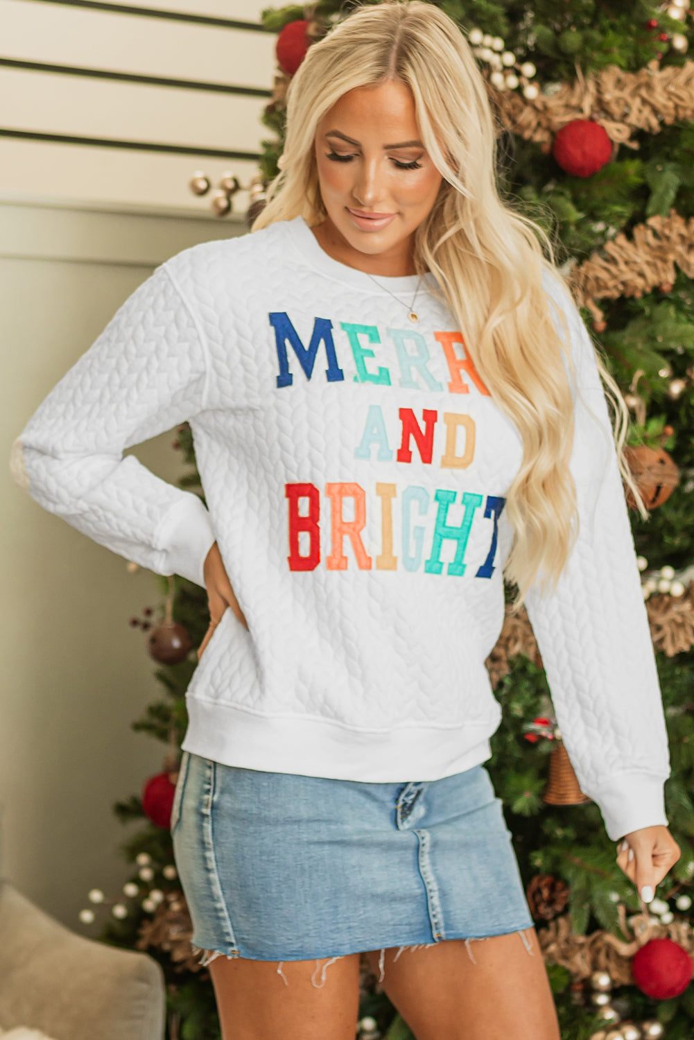 Merry And Bright Cable Knit Sweatshirt Daisie Boutique