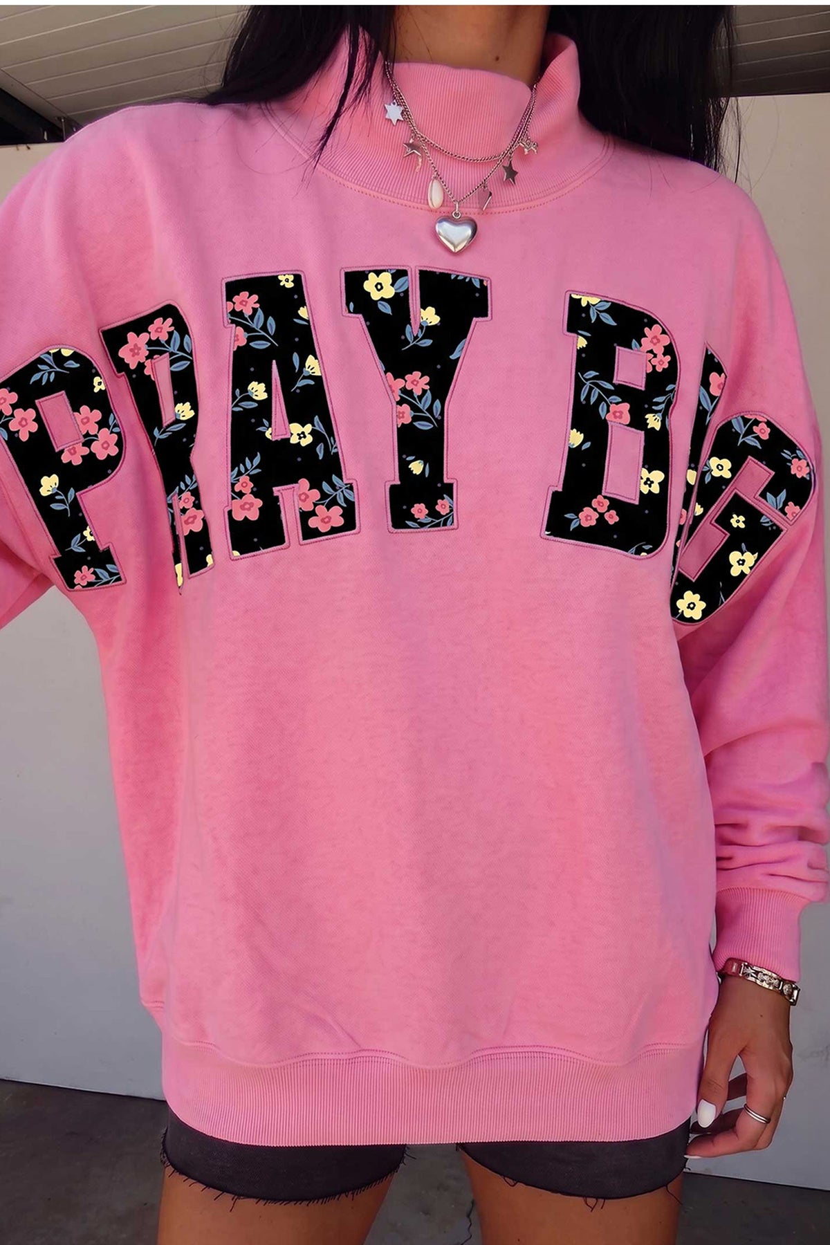 Pink PRAY BIG embroidered patch mock neck sweatshirt | Daisie & Co.