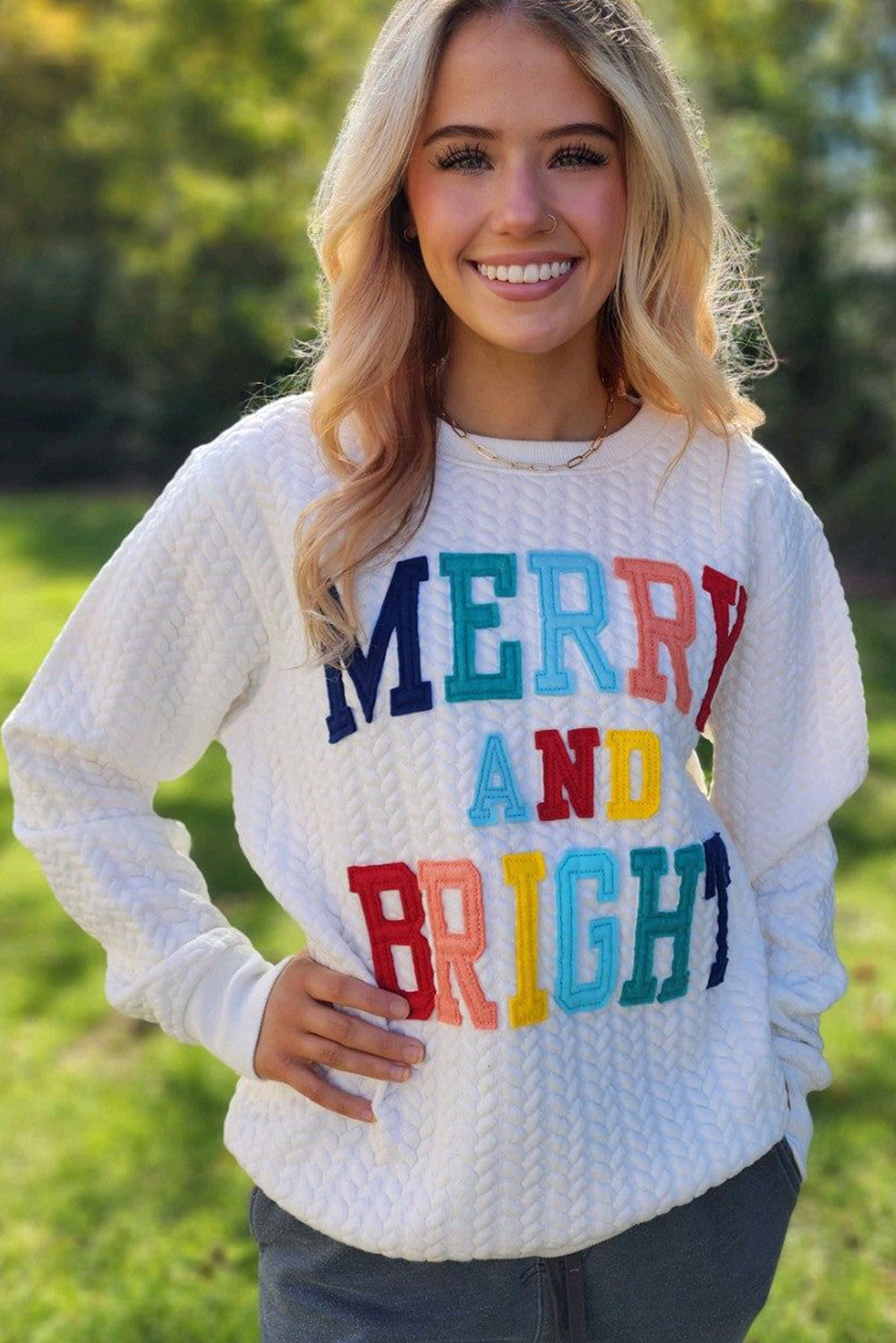 Merry And Bright Cable Knit Sweatshirt Daisie Boutique