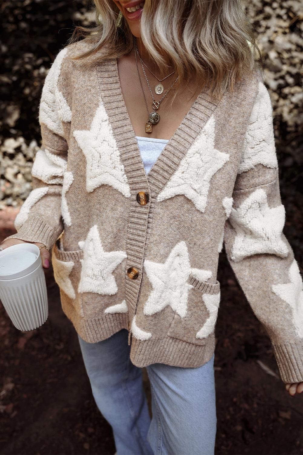 Sherpa Star Sweater with Pockets in Khaki Daisie Boutique