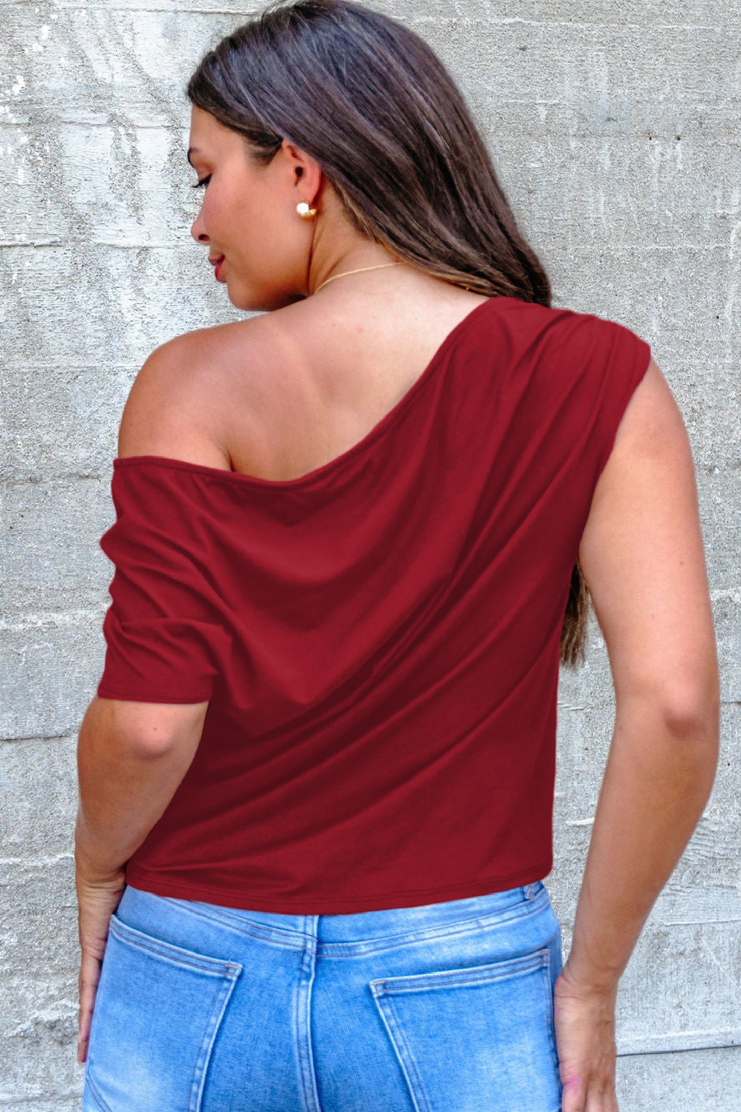Plus Size Solid Color Asymmetric Neck Short Sleeve Blouse