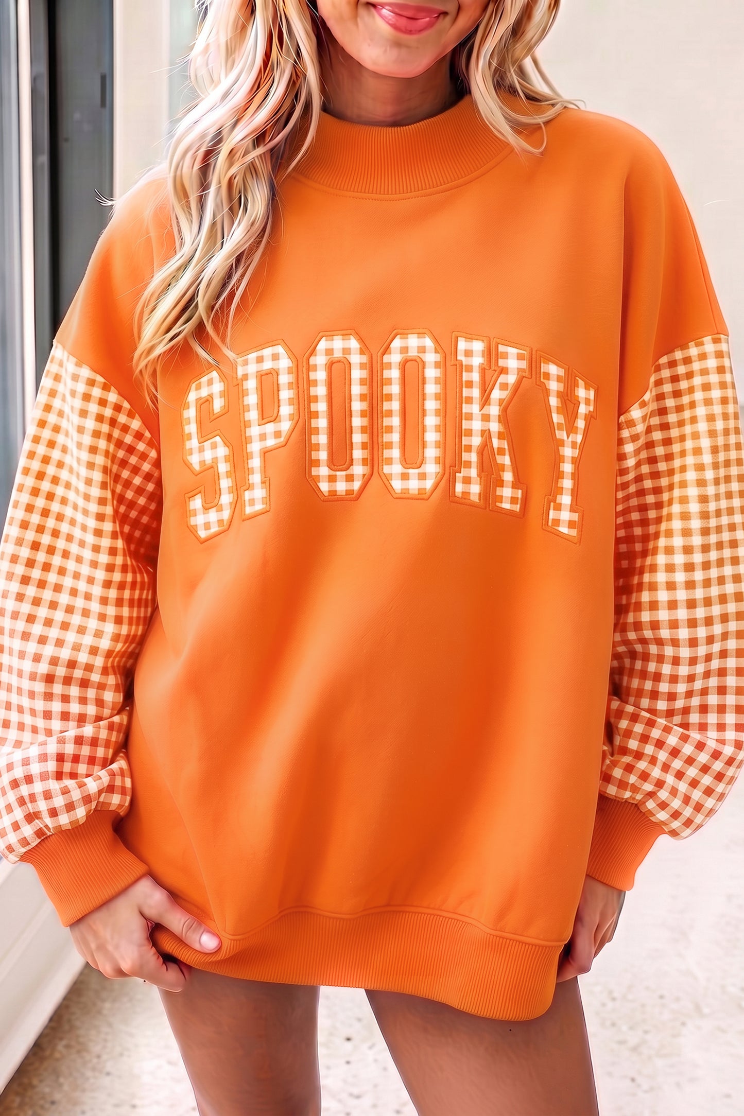Gingham Oversized Pullover Sweatshirt - Spooky Orange