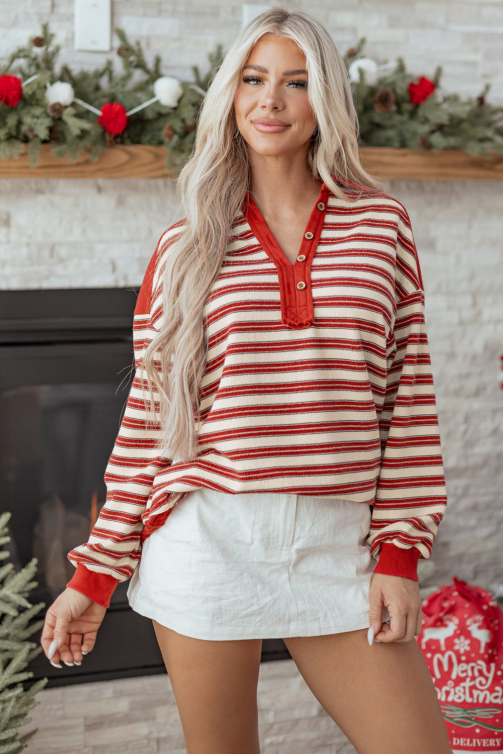 Stripe Buttoned V Neck Collared Top Daisie Boutique