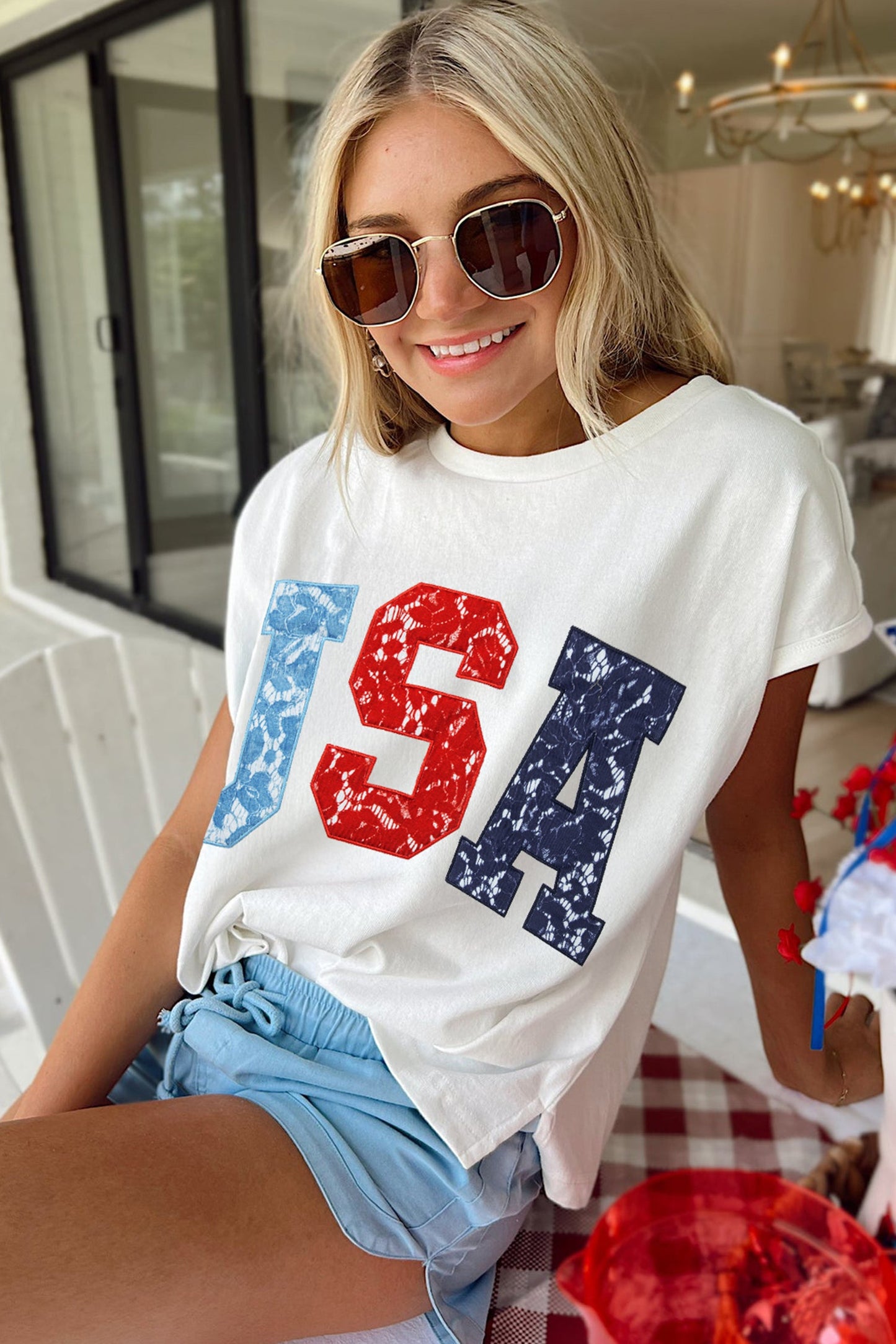 White USA Color Block Letter Printed Dolman Tee Dear-Lover Dropshipping