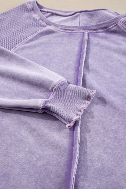 Orchid Petal Solid Waffle Knit Patchwork Raglan Sleeve Sweatshirt Daisie Boutique