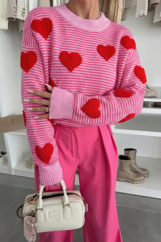 Rose Stripe Contrast Heart Pattern Valentine Knit Sweater Dear-Lover Dropshipping
