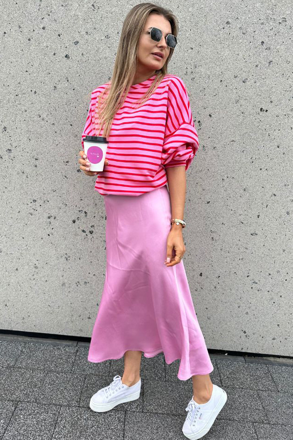 Sachet Pink Striped Print Crew Neck Drop Shoulder Sweatshirt Daisie Boutique