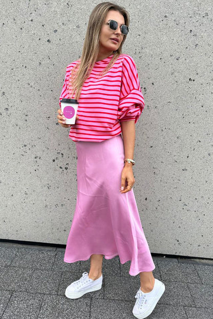 Sachet Pink Striped Print Crew Neck Drop Shoulder Sweatshirt Daisie Boutique