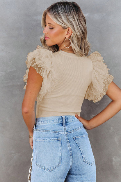 Mesh Ruffle Sleeve Ribbed Knit Top Daisie Boutique