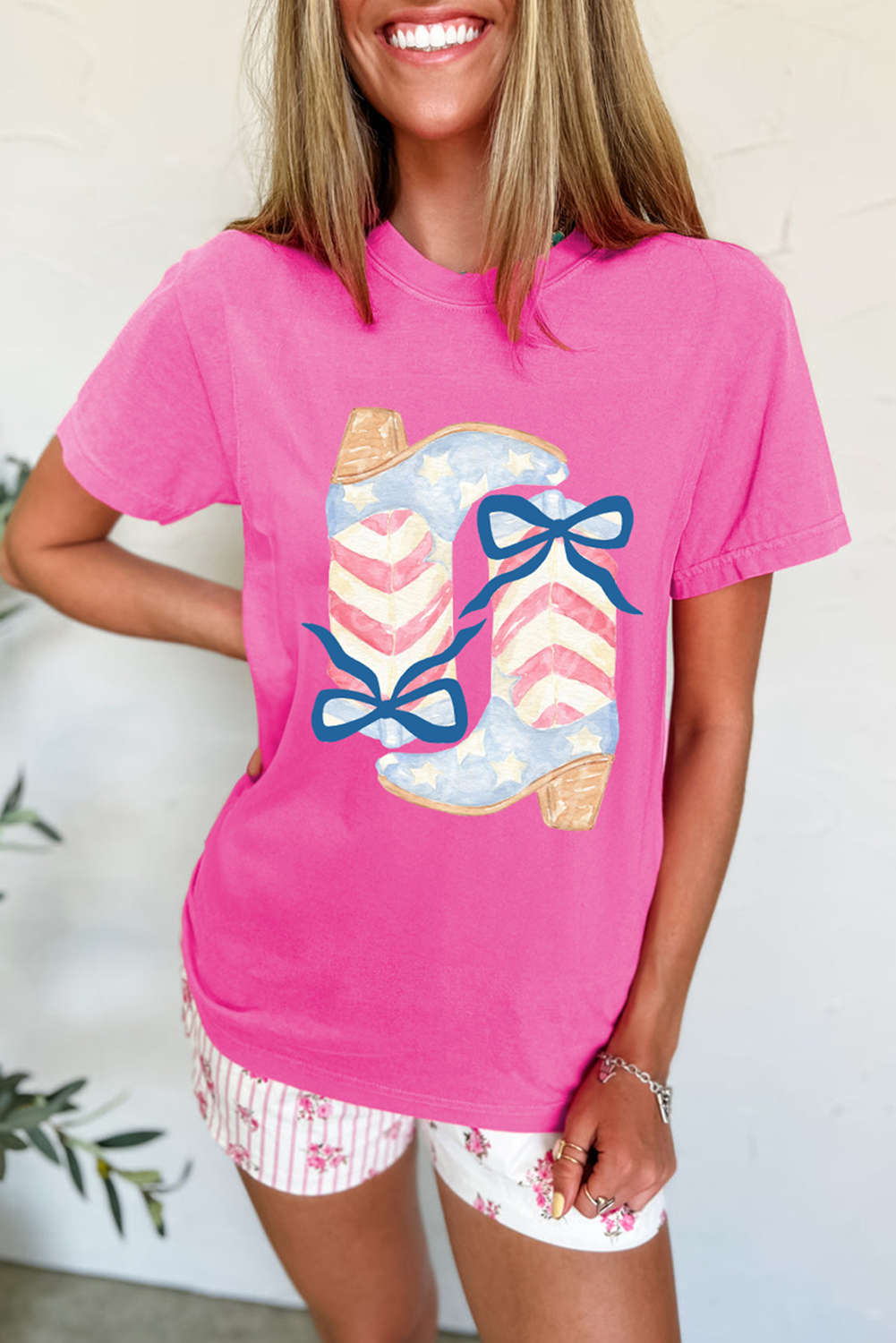 Flag Pattern Boots Bow Accent Casual Graphic Tee Daisie Boutique