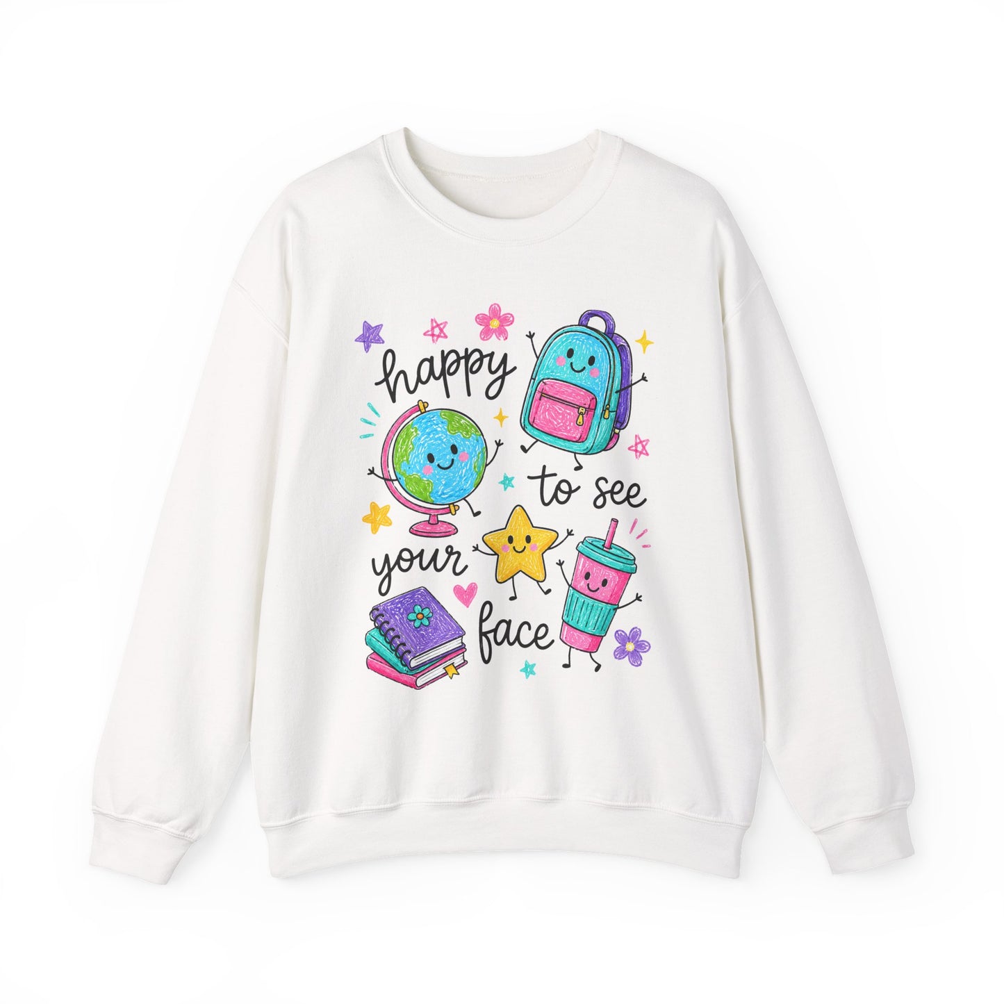 "Happy to See Your Face" Cute Kawaii School Icons Crewneck Sweatshirt